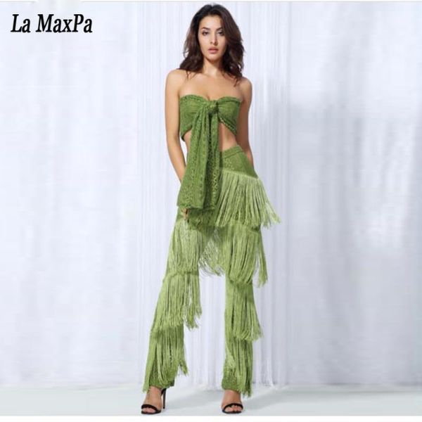 

2020 new women summer hollow out tassel jumpsuits 2 piece suits women green black jumpsuit sleeveless ladies outfit vestidos1, Black;white