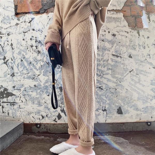 

2020 streetwear autumn thick pant women trousers autumn winter high waist loose drawstring elastic waist twist radish wool pants, Black;white