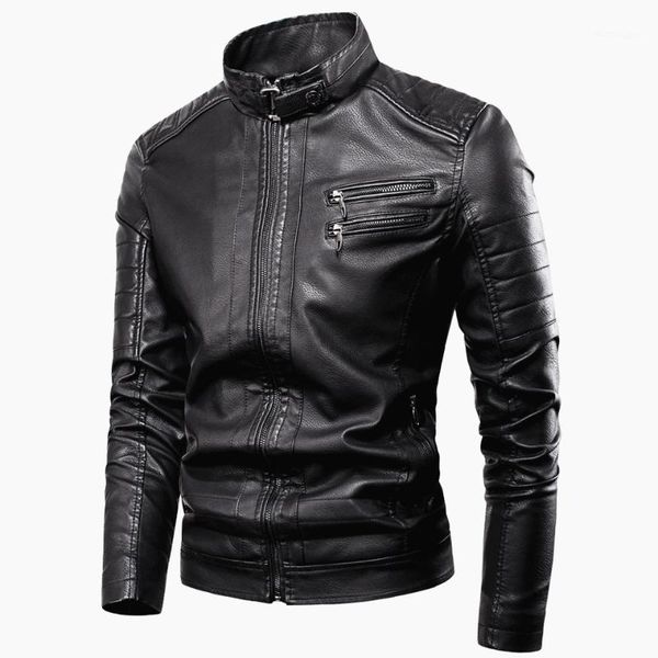 

men 2020 spring new casual vintage zipper style fleece leather jackets coat men outwear fashion motor & biker leather jacket1, Black
