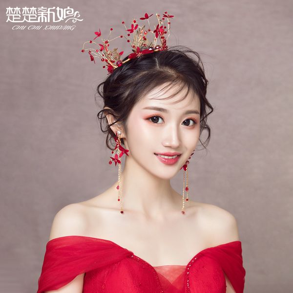 

mori red bride's round crown, headdress, earrings, chinese ancient costume, hair ornament, toast dress, wedding headdress, Silver