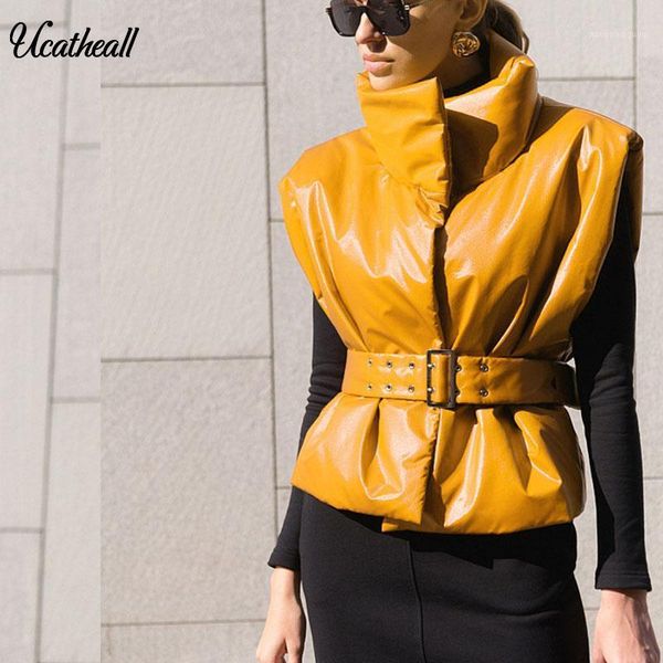 

women sleeveless cotton down vest with belt windproof warm waistcoat solid stand collar autumn winter pocket leather vest female1, Black;white