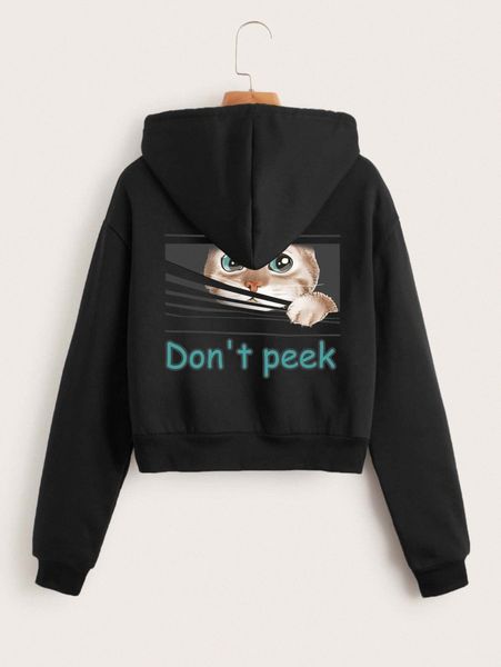 

cat & slogan graphic drop shoulder drawstring thermal hoodie f2f0#, White;black