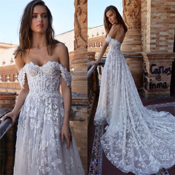 

beach a line wedding dresses 3d floral appliqued lace boho bridal gowns ruched soft tulle off shoulder robes de mariÃ©e sweep train, White