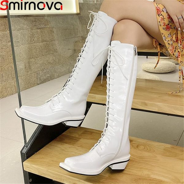 

smirnova 2020 genuine leather boots thick high heels square toe ladies shoes fashion lace up classic knee high boots women, Black