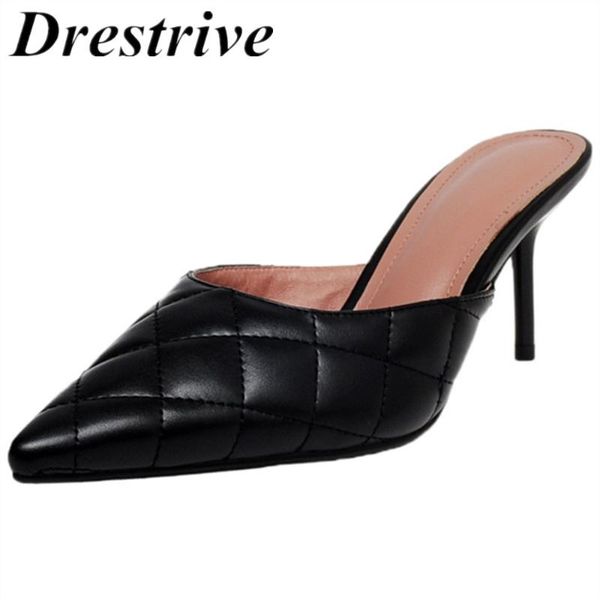 

drestrive 2020 summer women pumps thin heels 7 cm pointed toe grid mules female high heel shoes classics black size 41