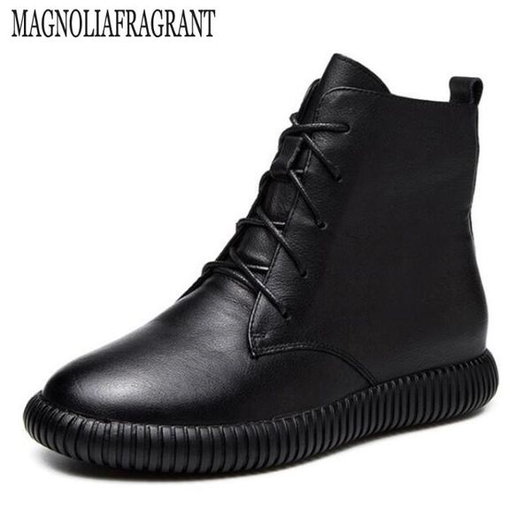 

boots женщина 2020 осень новый натуральная кожа вскользь женщины пинетки lace up черная зимняя обувь для женщин botas де mujer hy965, Black