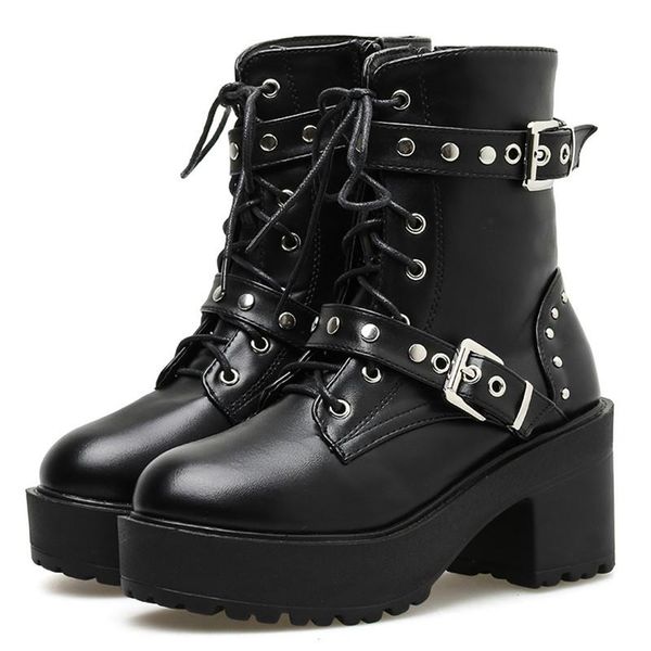 

rivet autumn boots women platform boots black leather gothic punk style combat for women mid heels comfortable shoes