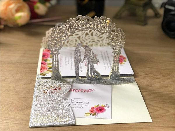 

100pcs elegant glitter laser cutting -up 3d wedding invitation cards for wedding bridal shower engagement party, customizable