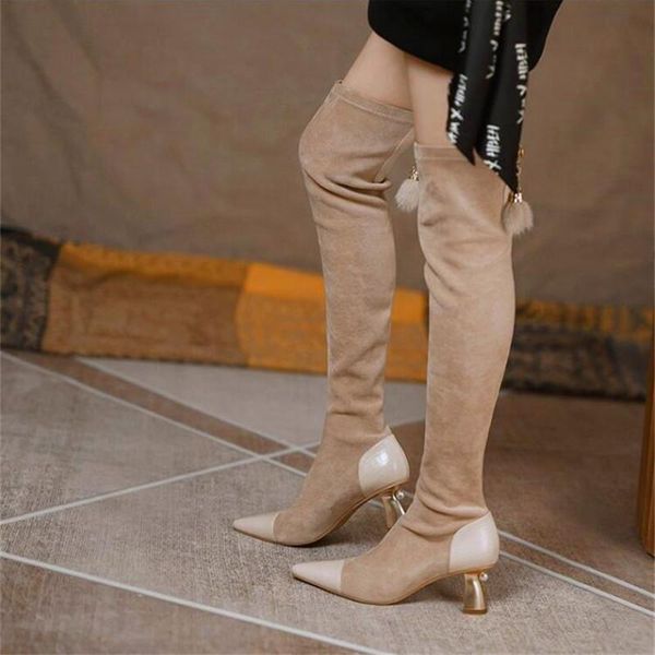 

new women's stretch boots, pearl pointed high-heeled boots, winter women's apricot fur ball decoration fashion boots, Black