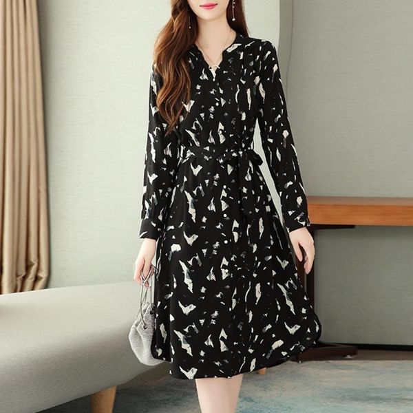 

printed long sleeve chiffon dress, Black;pink