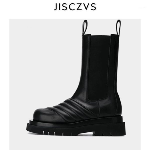 

2020 new pu leather ankle boots women round toe wave pattern flat platform boots black elastic band runway shoes1