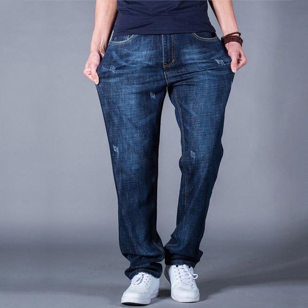 

men new loose jeans men's straight long pants elastic casual large size trend autumn and winter thick trousers, Blue