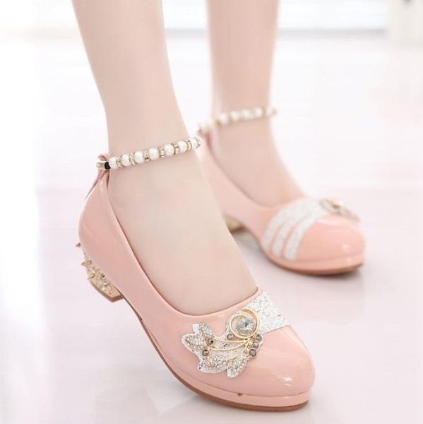 

kids princess shoes for girls high heels dance pearl sandals fashion wedding leather shoes white pink children party dress, Black;grey