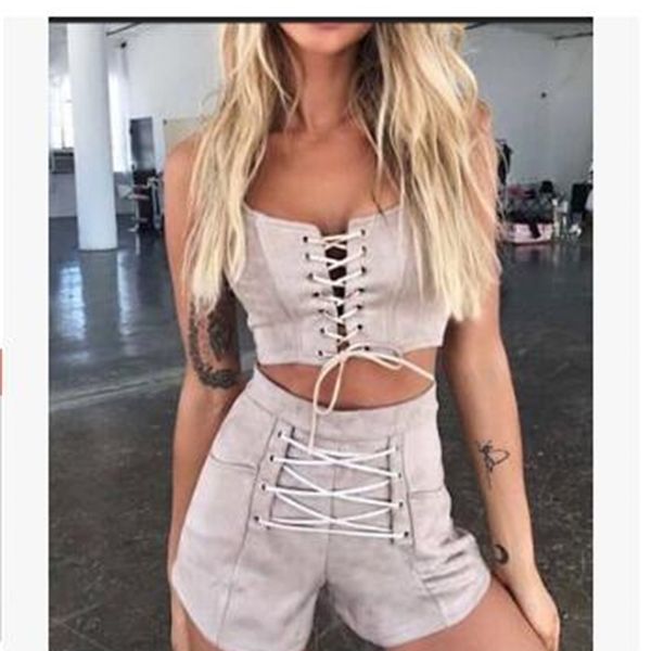 

2021 new new suede 2 joint parts cinta spaghetti lace up bodysuit pants playsuit monkeys combinaison short femme 0v2v, Gray