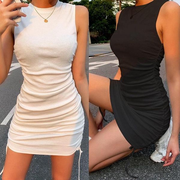 

mini dress women drawstring sleeveless vintage bodycon party club summer dress, Black;gray