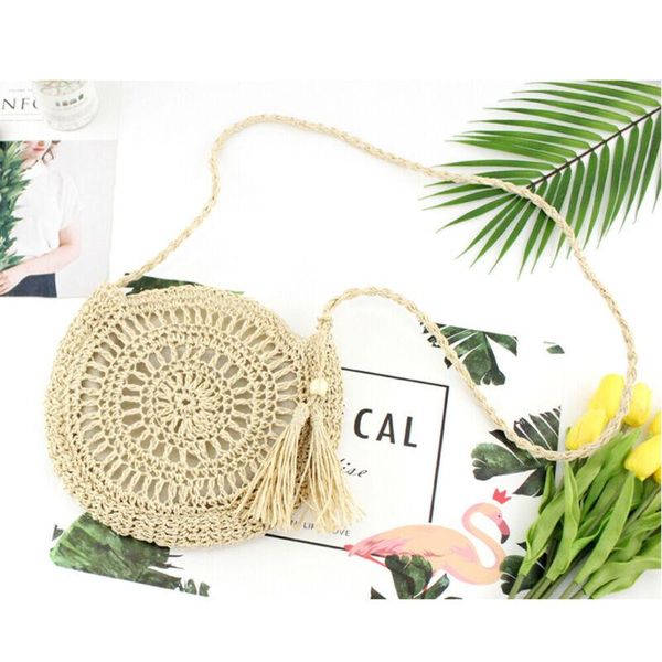 

2020 summer new women round crossbody shoulder beach bag circular bag wicker straw rattan basket woven tote handbag casual
