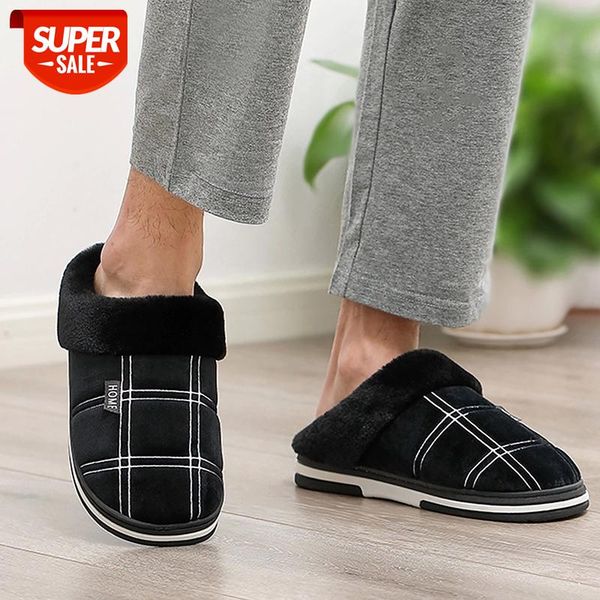 

men's slippers winter stripe suede warm home slippers for men big size 39-50 comfy plush male indoor shoes #hr60, Black