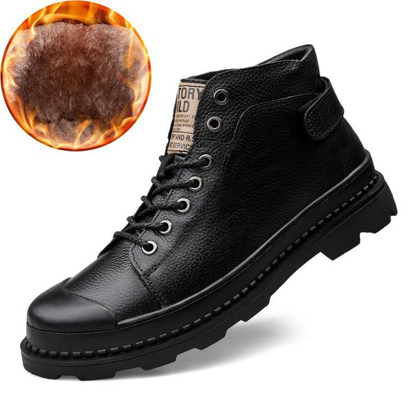 

super warm men's winter genuine leather men waterproof rubber snow boots leisure boots england retro shoes for men big size, Black