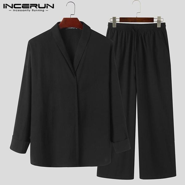 

mens sets long sleeve v neck drawstring pockets pants loose sets incerun vintage leisure solid color suits masculina s-5xl, Gray