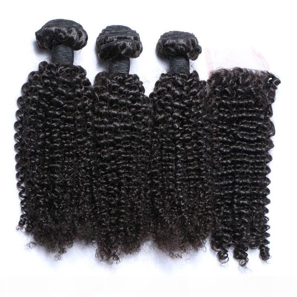 

afro kinky curl brazilian hair bundles with closure human hair weaves closure 4x4 part natural color 1b black, Black;brown