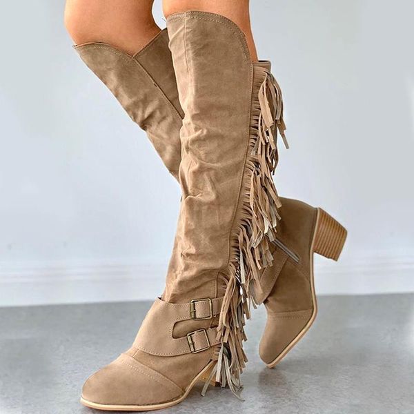 

for wholesale drop ship price classic big size 43 fringes knee high chunky heels winter shoes women boots tassels footwear, Black