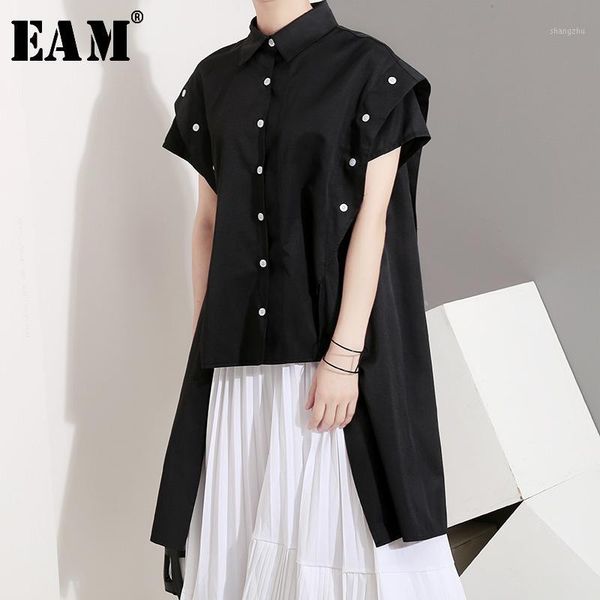 

eam] women black side long button split joint blouse new lapel short sleeve loose fit shirt fashion spring autumn 2020 ju3171, White