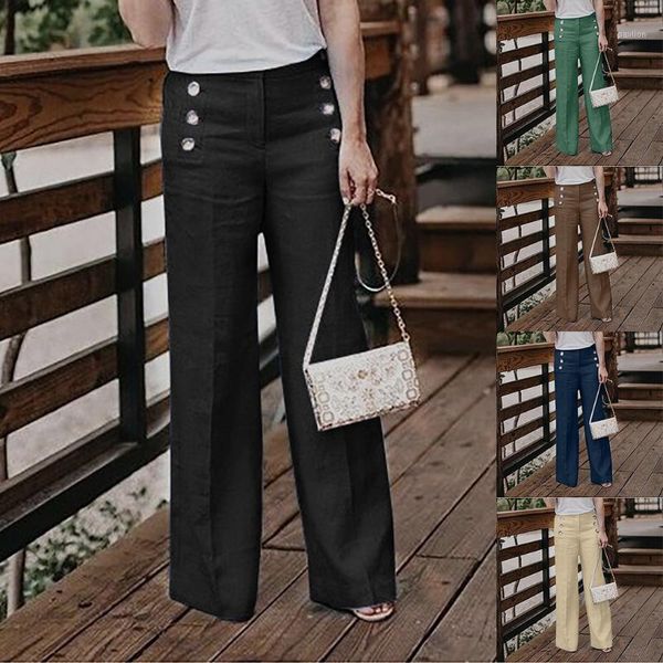 

fashion women's loose pants elastic button waist wide leg pants casual buckle solid color ladies trousers kobieta dzinsy1, Black;white