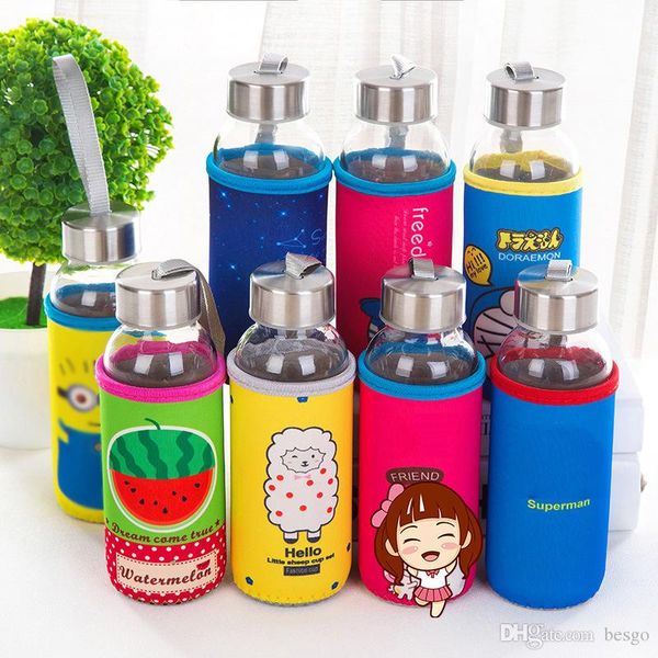 

large capacity sports glass cup with cloth cover cute cartoon animal water bottles hanging rope portable eco-friendly hand cup