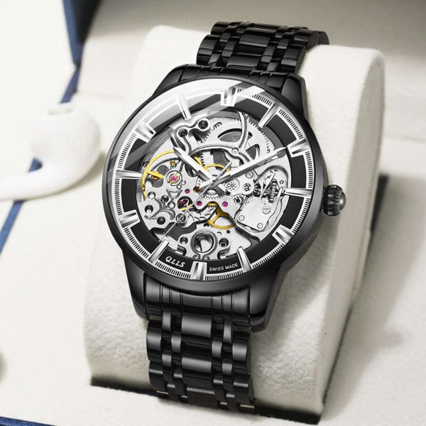 

mechanical qiluoshi automatic men's watch watch double side hollow waterproof solid steel band watch, Slivery;brown