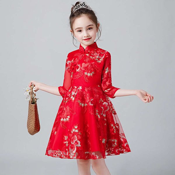 

hanfu girl summer new chine little girls' princs cheongsam skirt foreign sle children's cotton drs, Red;yellow