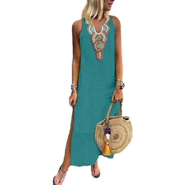 

long dress cotton linen sundress split beach vestido sarafans 5xl summer dress women vintage sleeveless floral printed, Black;gray