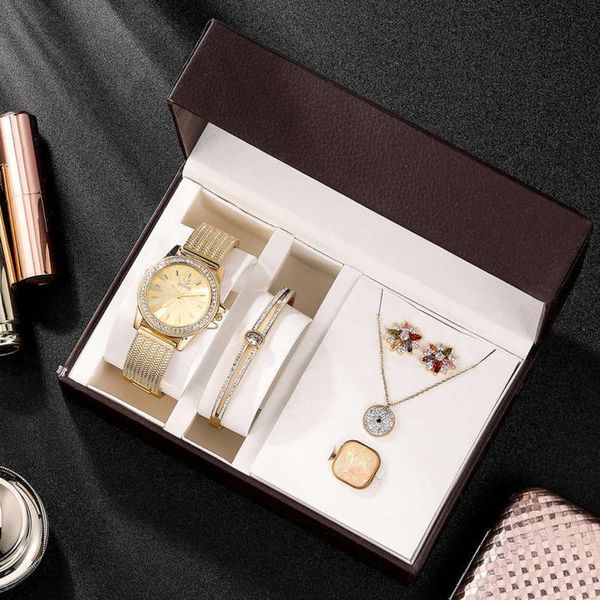 

gift fashion women's watch new 5-piece box set 316 titanium steel color preserving jewelry decoration valentine's gift watch, Slivery;brown