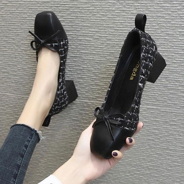 

2020 spring women pumps costume tweed boat shoes plaid high heels office work shoes patchwork dress chunky heeled 7967n #my3g, Black