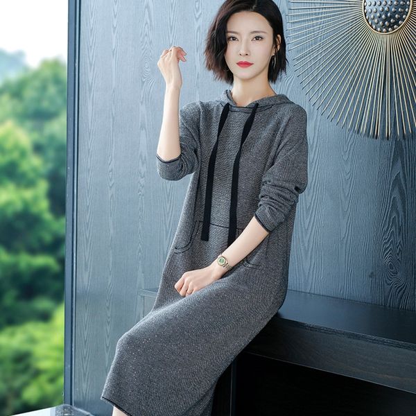 

new style over knee long sweater fashion dresssweater dress drill double pocket hooded knitted dress in fall winter 2020 trzda, White;black