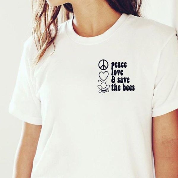 

peace love save the bees graphic t shirts women tumblr fashion pocket print t-shirt cotton korean summer shirt drop shipping1, White