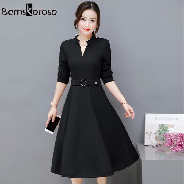 

elegant party dress women autumn new offic work dress black red green long sleeve v neck vintage slim ladies dresses y200102, White;black