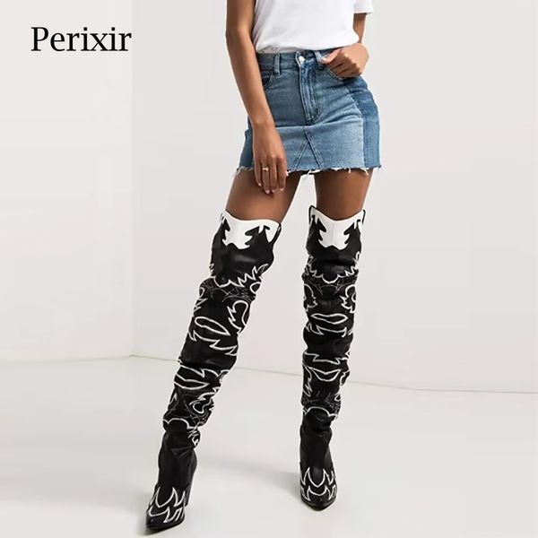 

perixir women western over the knee high boots embroider pointed toe cowgirl long booties hoof heel women winter shoes 201126, Black