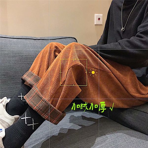

yemi fashion | corduroy pants men's plush korean fashion autumn and winter straight tube loose wide leg tooling pants, Black