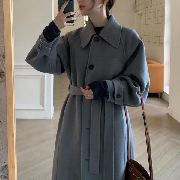 

2020 autumn winter jacket manteau elegant trench oversize female coat wool ol with women overcoat belt long femme mmqxs, Black