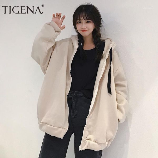 

tigena oversize hoodies sweatshirt women 2019 fall winter zipper korean cute velvet warm sweatshirt female poleron women kpop1, Black
