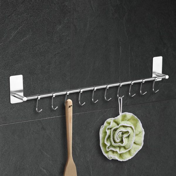 

304 stainless steel hook hanger storage organizer self-adhesive wall-mounted cupboard hook rack with 10pcs moveable hooks