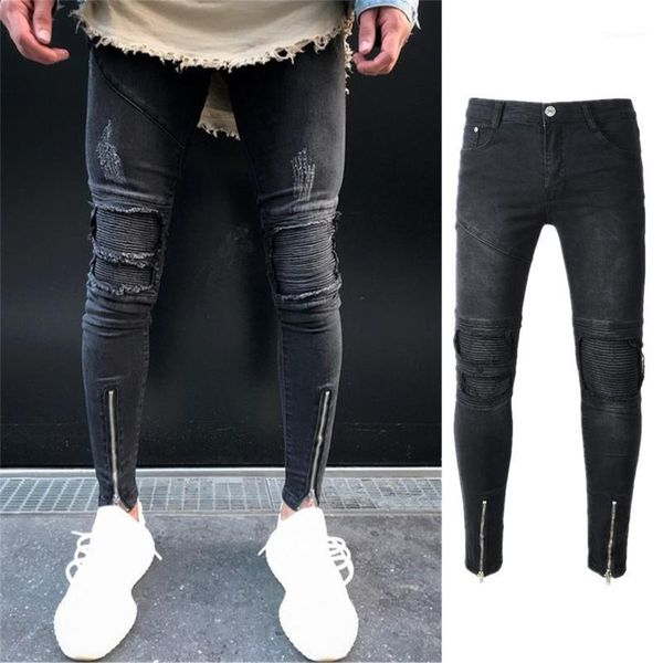 

2020 man elastic torn tight-fitting locomotive jeans destroyed ruined hole zipper recording of slim scratched high-quality jeans1, Blue