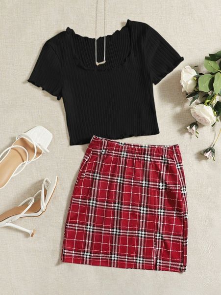 

scoop neck lettuce trim tee & plaid skirt set l97a#, White