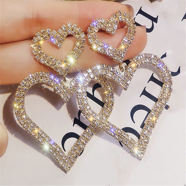 

special price fashion exaggerated crystal double heart geometric earrings contracted joker long women drop earrings jewelry gifts, Golden
