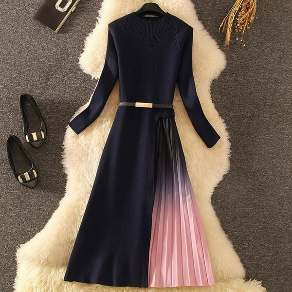 

autumn winter elegant knitted patchwork pleated long dress women long sleeve office lady one-piece sweater dress with belt robe, Black;gray