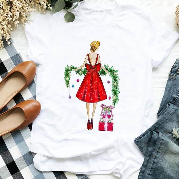

women lady trend style 90s printing cartoon fashion merry christmas tshirt female graphic clothes shirt t tee t-shirt, White