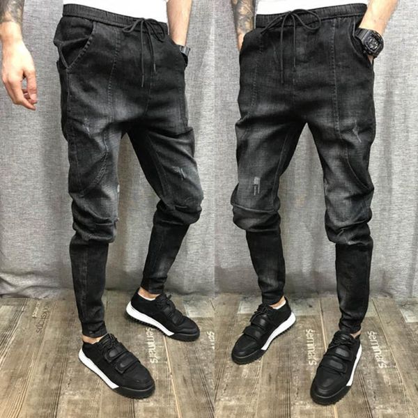 

wholesale 2021 drawstring elastic waist men's pants men's slim feet pants same style jeans social people stitching harem1, Blue