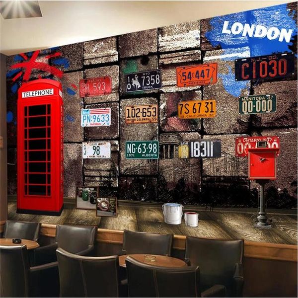 

british style retro nostalgic red phone booth license plate number background mural wallpaper bar restaurant cafe wall paper 3d1
