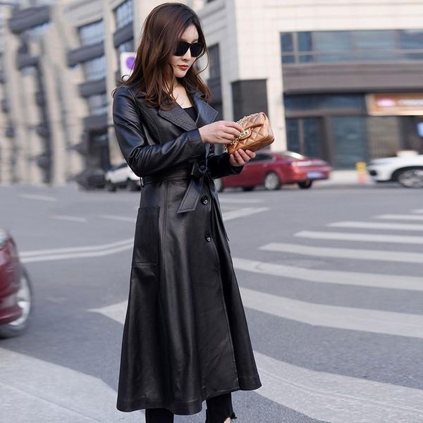 

winter women style long genuine leather jacket belted slim fit leather trench coat natural sheepskin windbreaker jacket, Black