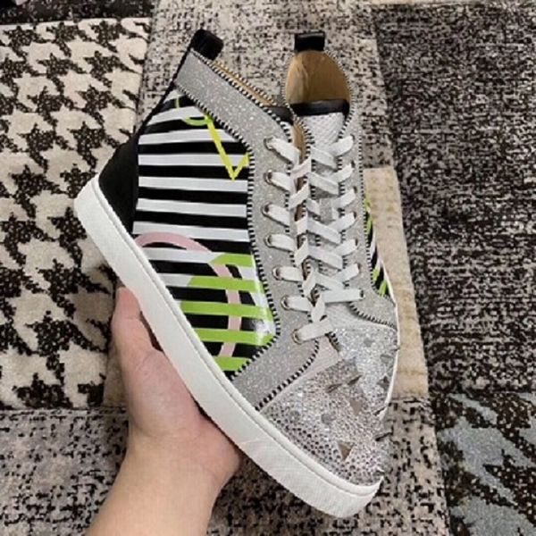 

with box] brand red bottom sneakers shoes men's mix spikes rhinestone hight help suede spikes toe red sole flat shoes,wedding shoe, Black